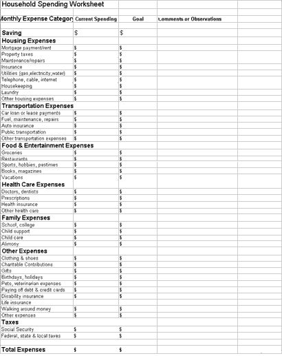 household spending worksheet